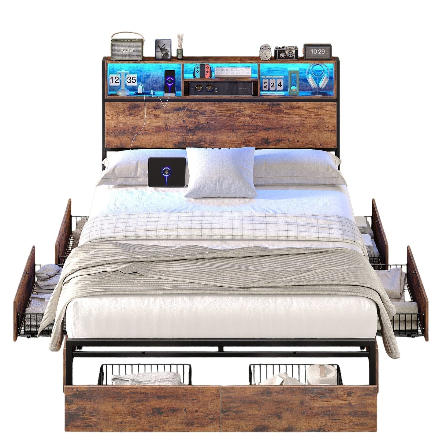 Full LED Bed Frame with LED, USB Charging, Storage Drawers, No Box Spring Needed - Vektaya-0