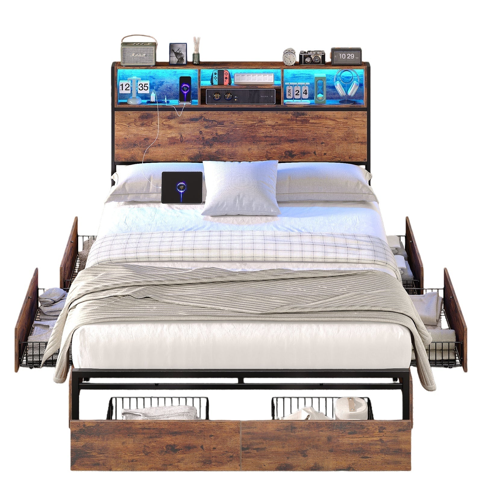 Full LED Bed Frame with LED, USB Charging, Storage Drawers, No Box Spring Needed - Vektaya-0