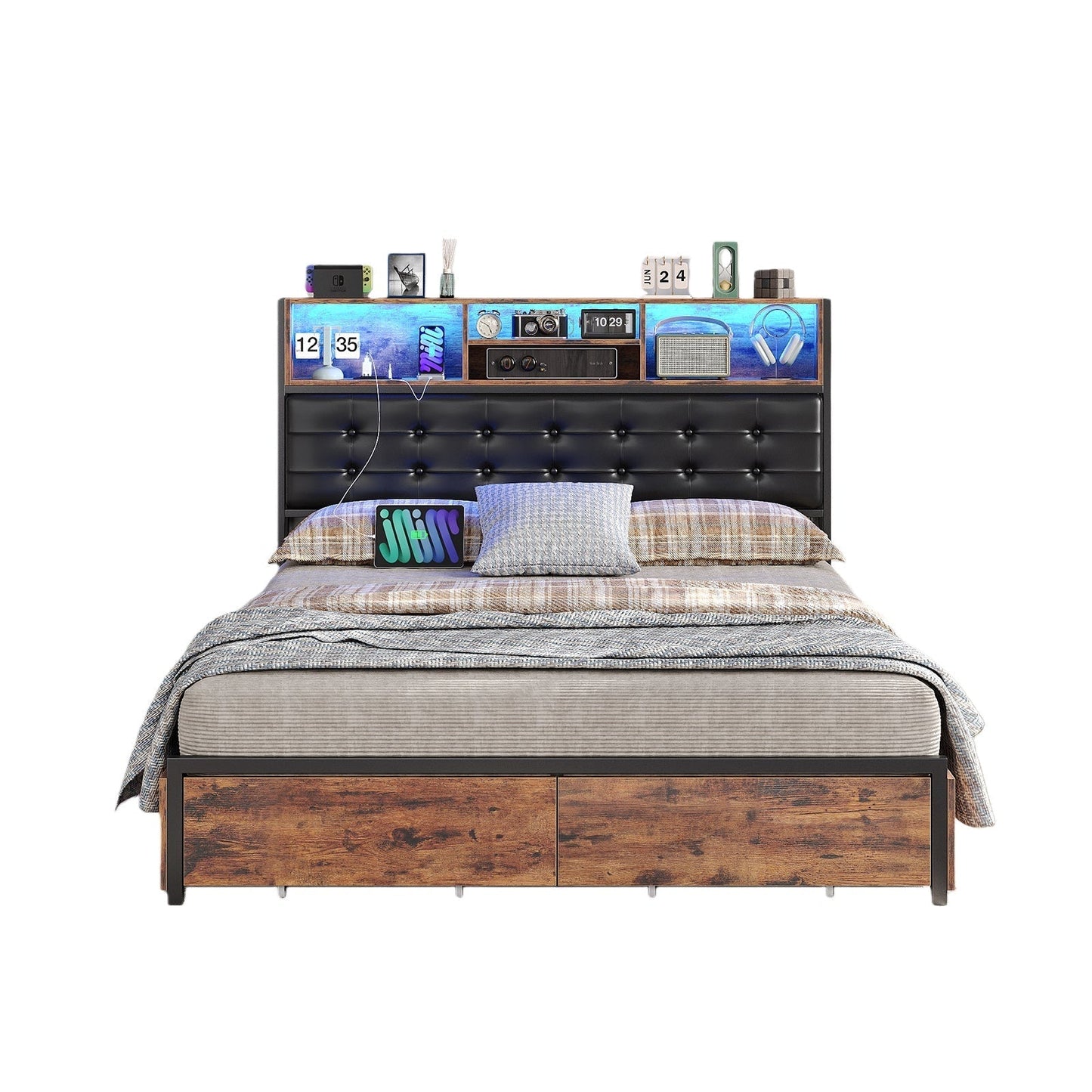 Full RGB LED Bed Frame with RGB LED, USB Charging, Storage Drawers, No Box Spring Needed - Vektaya-0