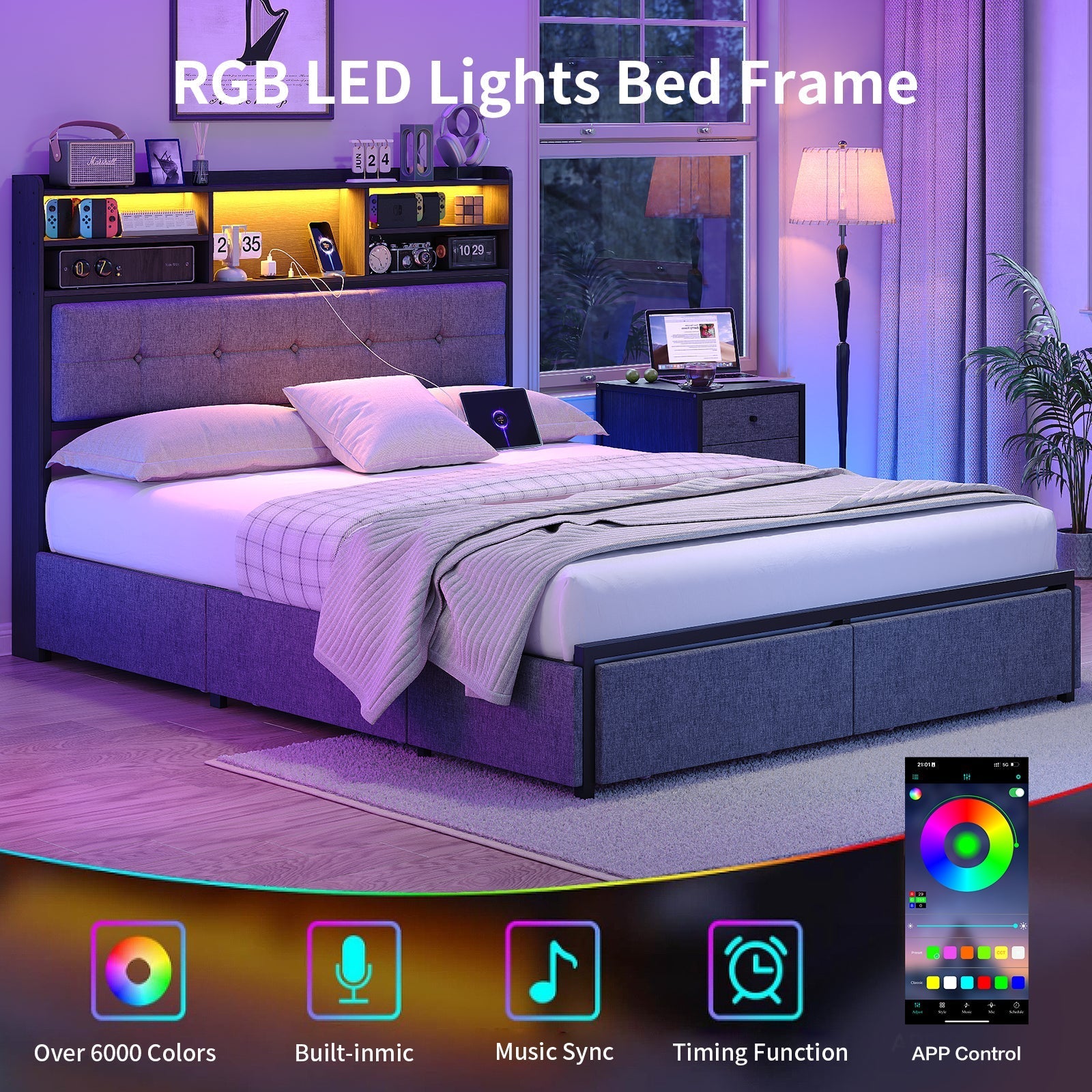Full LED Bed Frame with LED, USB Charging, Storage Drawers, No Box Spring Needed - Vektaya-4