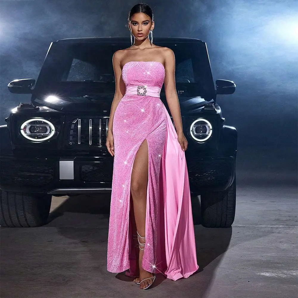 Velvet Sequined Cinched Waist Pink Evening Gown