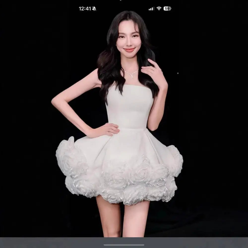 Velvet Strapless Dress with Flower Pettiskirt French