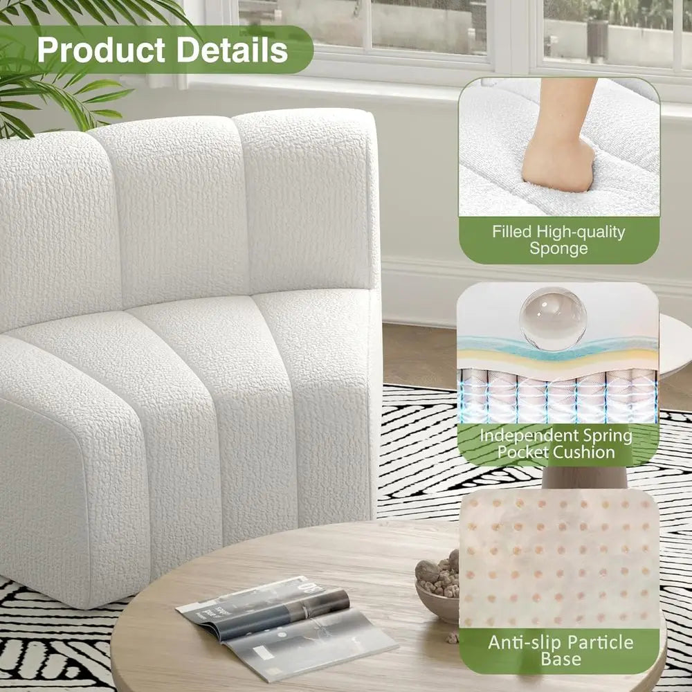 White sofa with a close-up of a cushion labeled 'Filled High-quality Sponge' and 'Anti-slip Particle Base'.