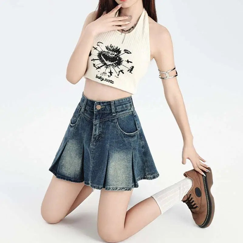 Vintage Denim Skirt High Waist Cream Halter Set