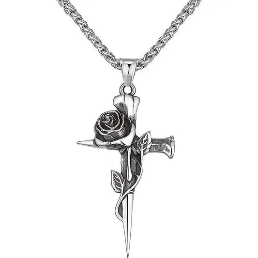 Vintage-Inspired Men's Titanium Steel Pendant Necklace - Unique Keel Chain Design with Cross and Rose Accents