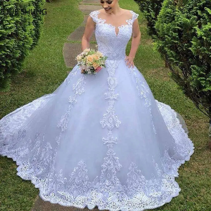 Vintage Lace White Wedding Dress with Floral Train