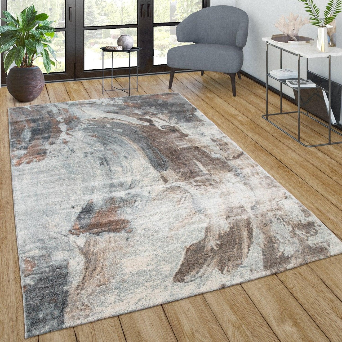 Vintage Rug Low-Pile Abstract Pattern In Brown Cream-0