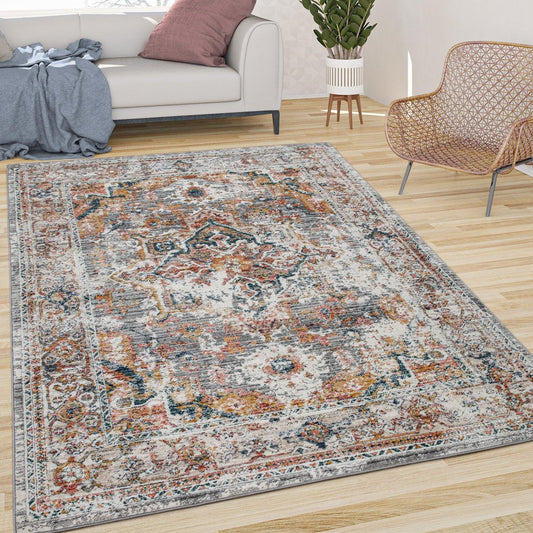 Vintage Rug Oriental Ornaments Border Cream Grey Orange-0
