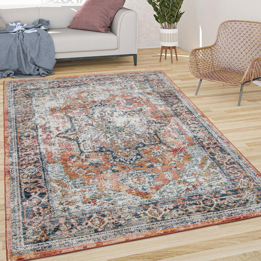 Vintage Rug Oriental Ornaments Border Red Blue Grey-0
