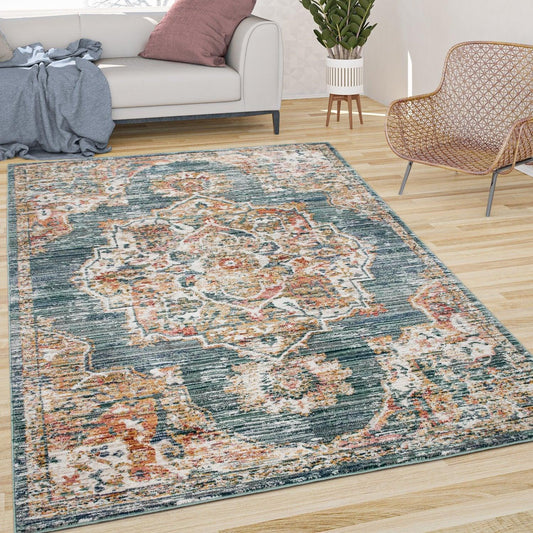 Vintage Rug Oriental Ornaments With Border Blue Green Multicolor-0