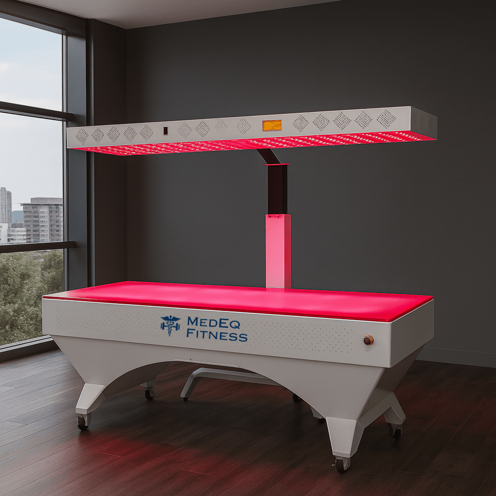 Red light therapy table with 'Medeq Fitness' branding in a room with large windows.