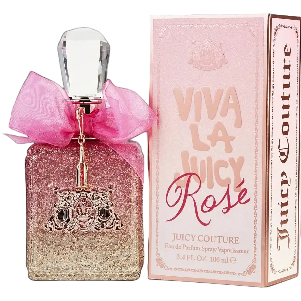 Juicy Couture Viva La Juicy Rosé perfume bottle and packaging on a black background