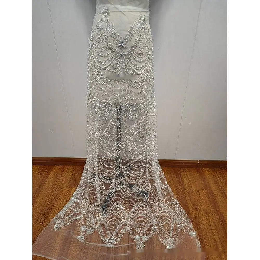 Wave Style Sequin Bead Lace Fabric Wedding Dress