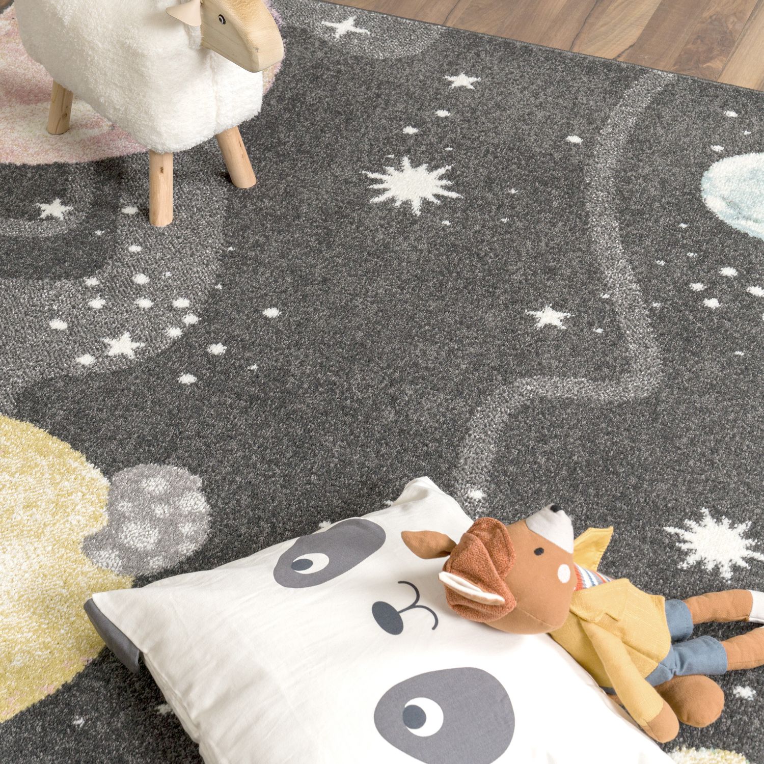 Kids Rug Nino Space with pastel colored Planets Stars in Anthracite-1