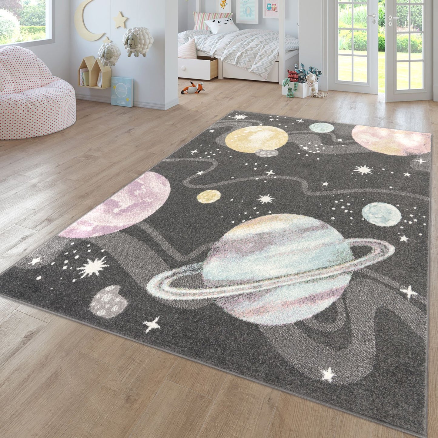 Kids Rug Nino Space with pastel colored Planets Stars in Anthracite-0