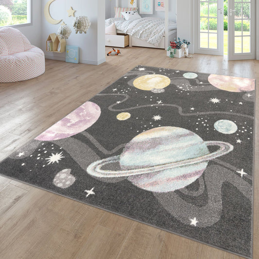 Kids Rug Nino Space with pastel colored Planets Stars in Anthracite-0