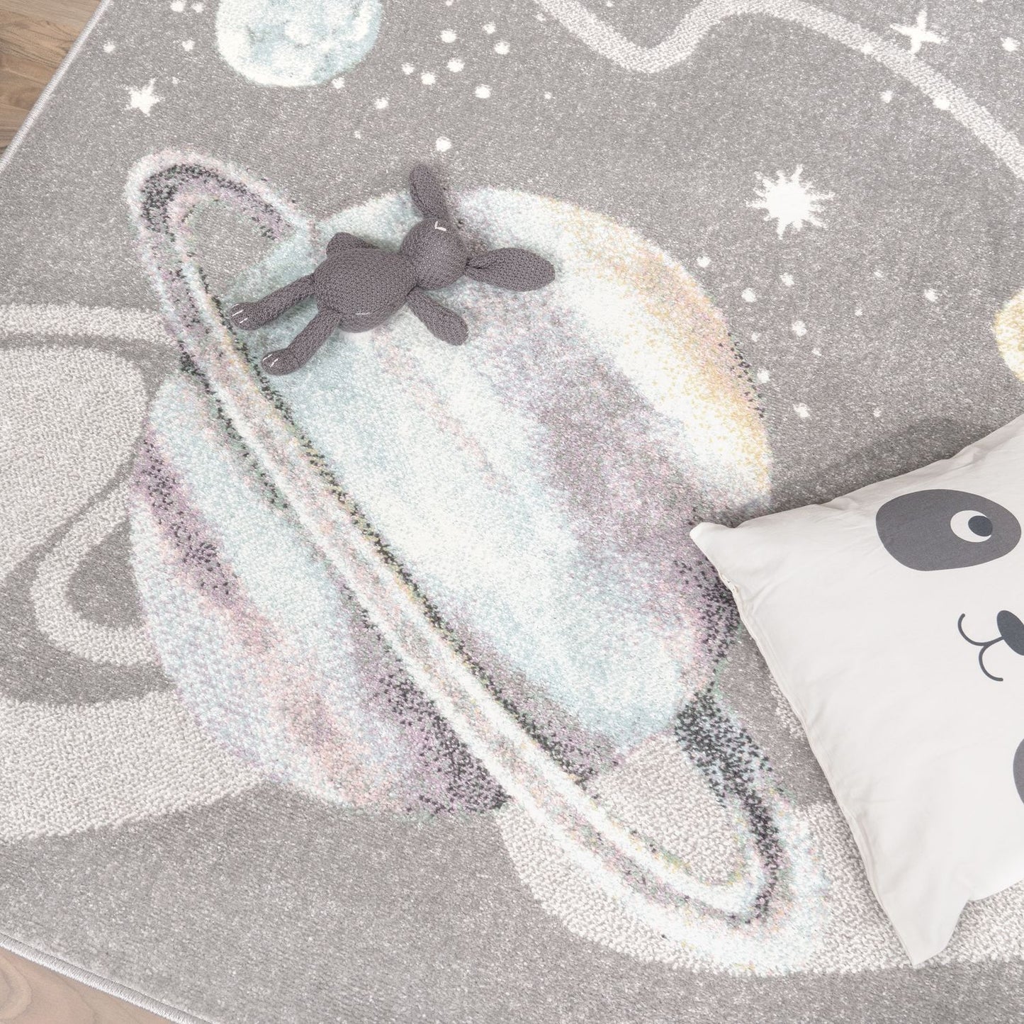 Kids Rug Nino Space with pastel colored Planets and Stars in Grey-1