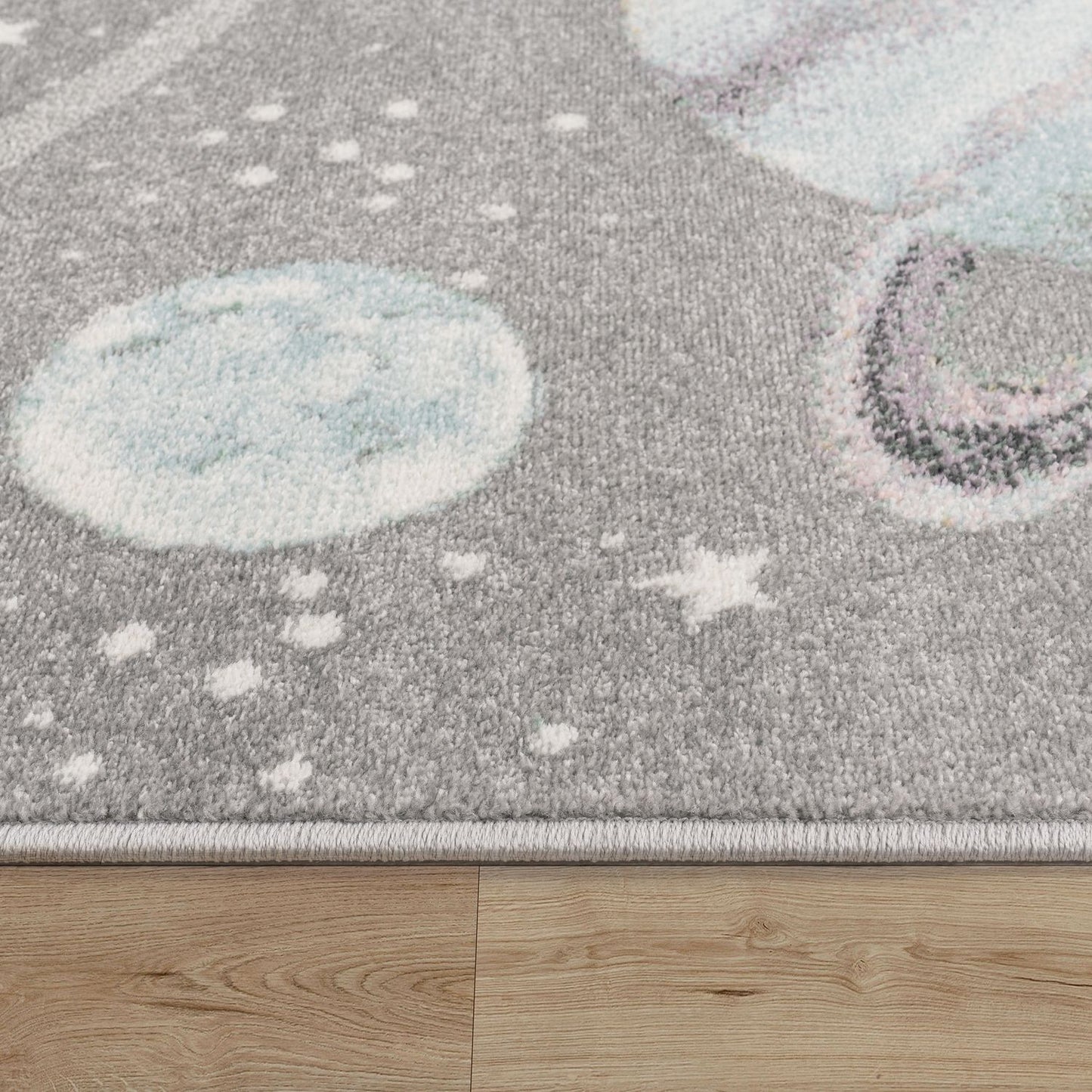 Kids Rug Nino Space with pastel colored Planets and Stars in Grey-2
