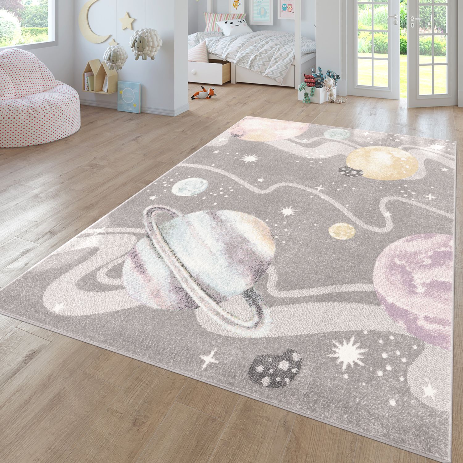 Kids Rug Nino Space with pastel colored Planets and Stars in Grey-0