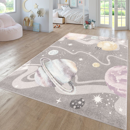 Kids Rug Nino Space with pastel colored Planets and Stars in Grey-0