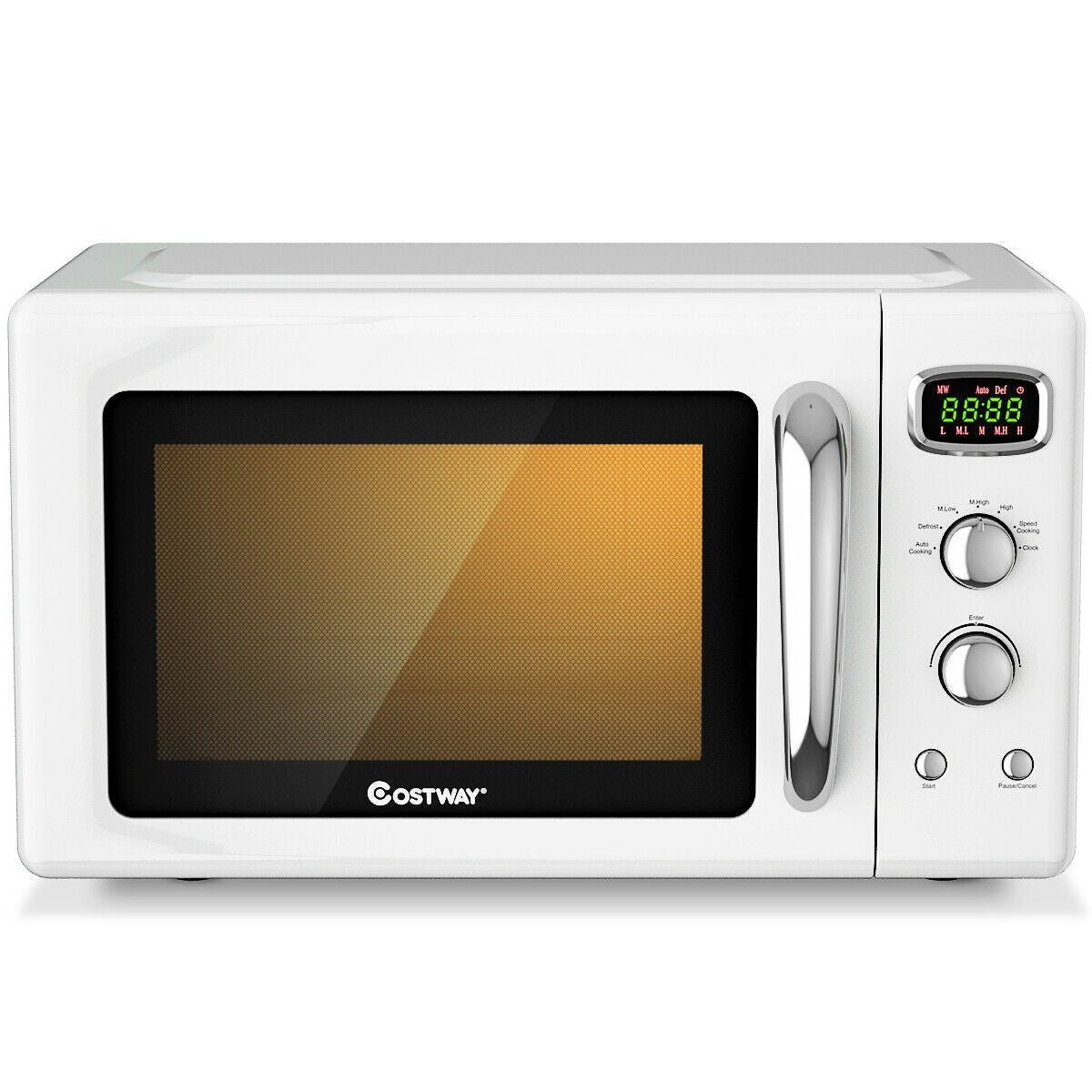 White microwave oven with digital display and control buttons on a white background