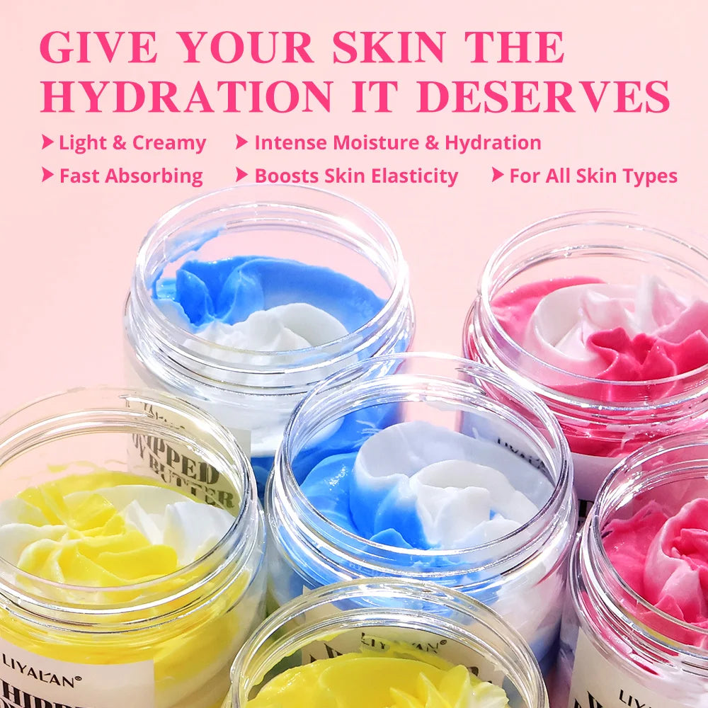 Jars of whipped body butter skincare product with colorful cream swirled on top, set against a pink background with promotional text.