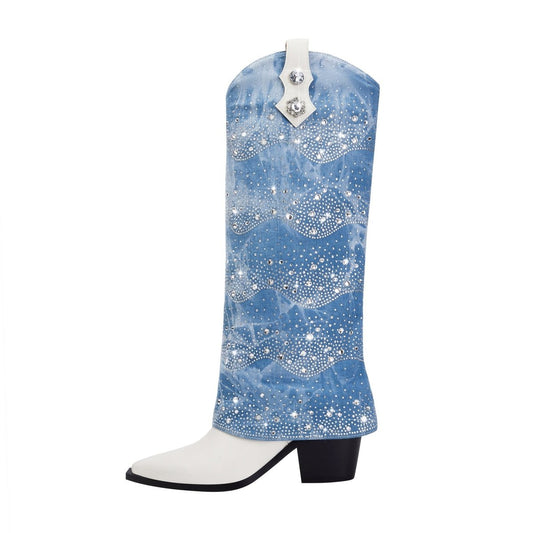 White and Denim Foldover Knee High Boots-0