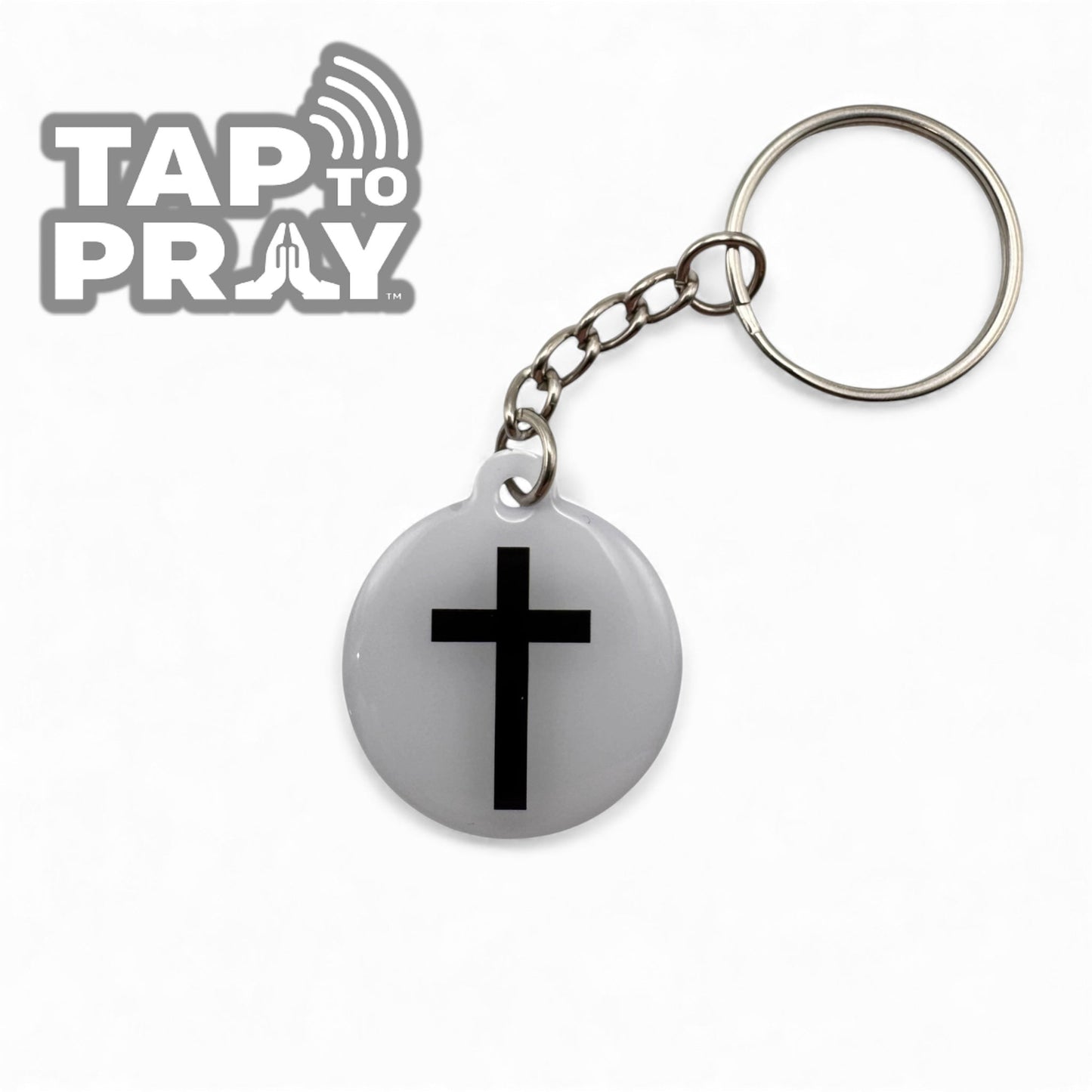 White & Black Cross Tap to Pray Keychain