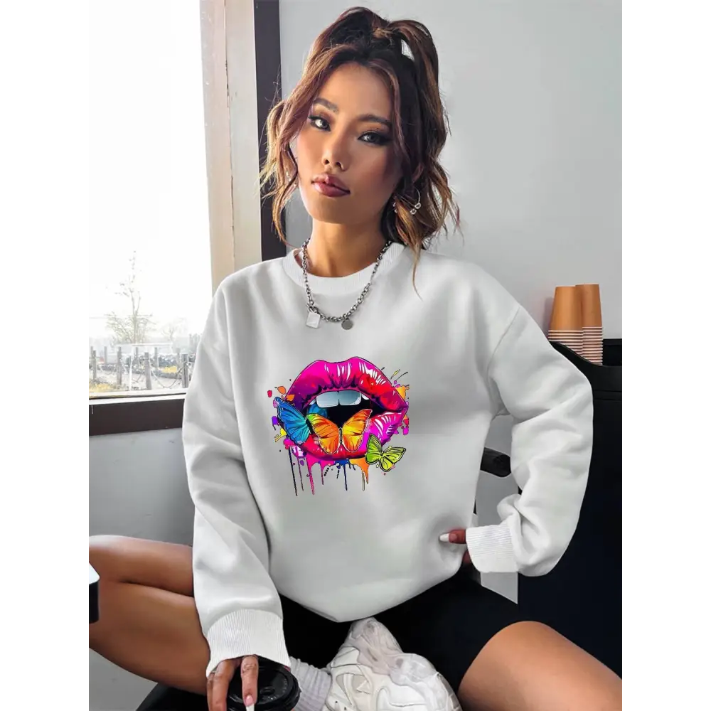 White Butterfly Lips Graphic Crew Neck Sweatshirt