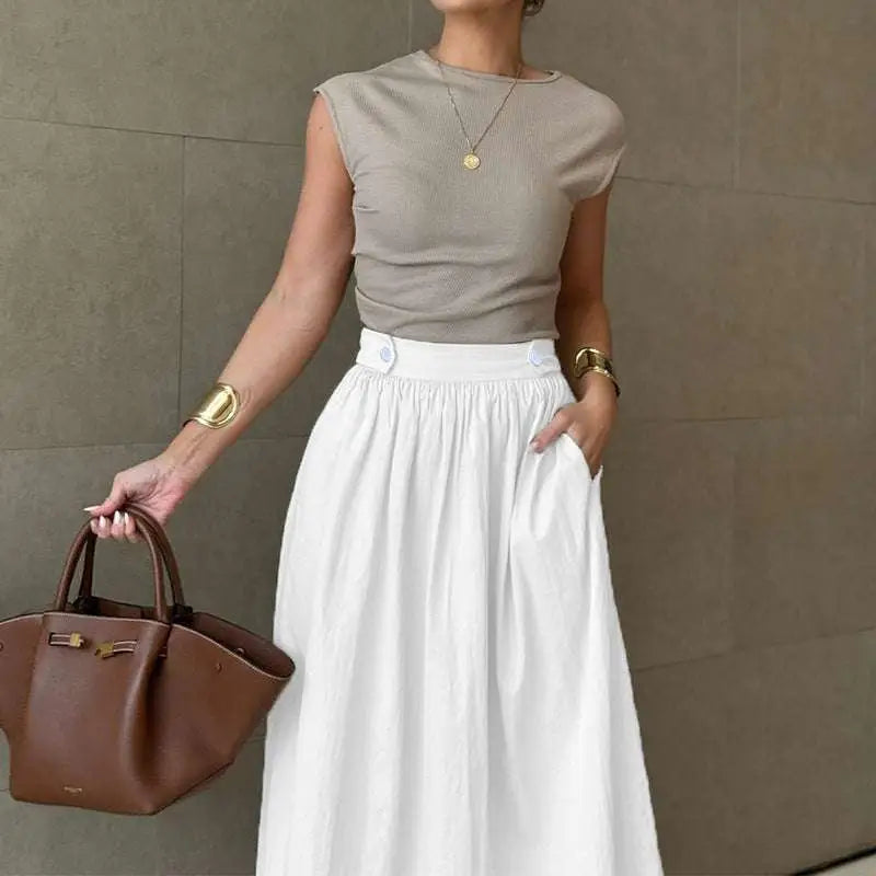 White Cotton Linen Slimming Large Hem Midi Skirt