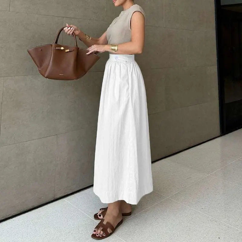 White Cotton Linen Slimming Large Hem Midi Skirt