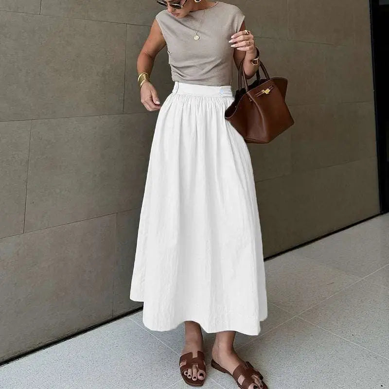White Cotton Linen Slimming Large Hem Midi Skirt