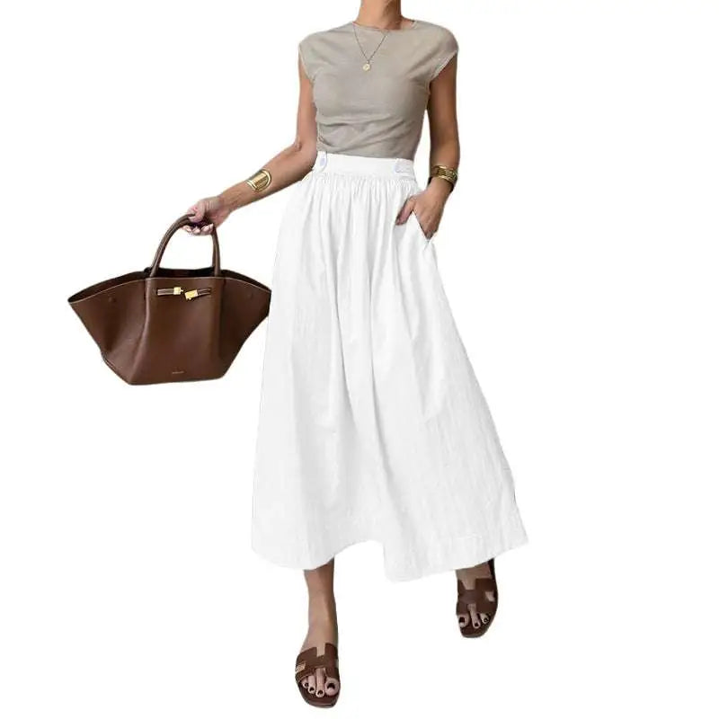 White Cotton Linen Slimming Large Hem Midi Skirt