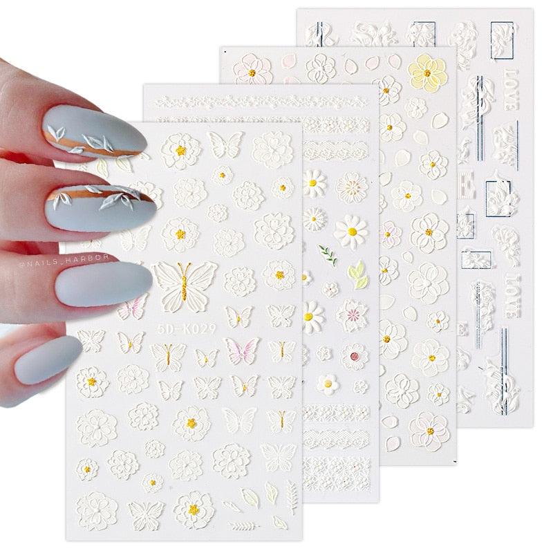 White Embossed Flower Lace Sticker Decal Wedding Nail Art Designs Floral Butterfly Japanese Manicures Nail Decoration Metallic Curve Strip Line Nail Decal Self-Adhesive 3D Wave Design Decoration for Women Girls Adhesive Striping Tape Nail Art Stickers