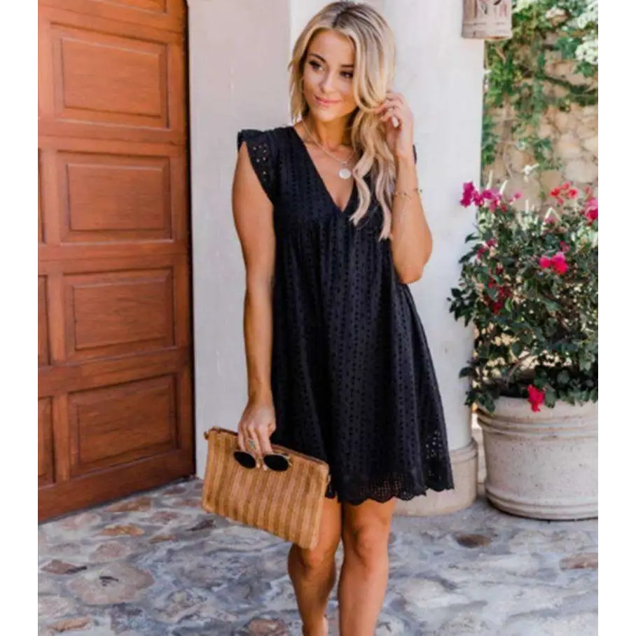White Eyelet Pocket Summer Sleeveless V-Neck Dress