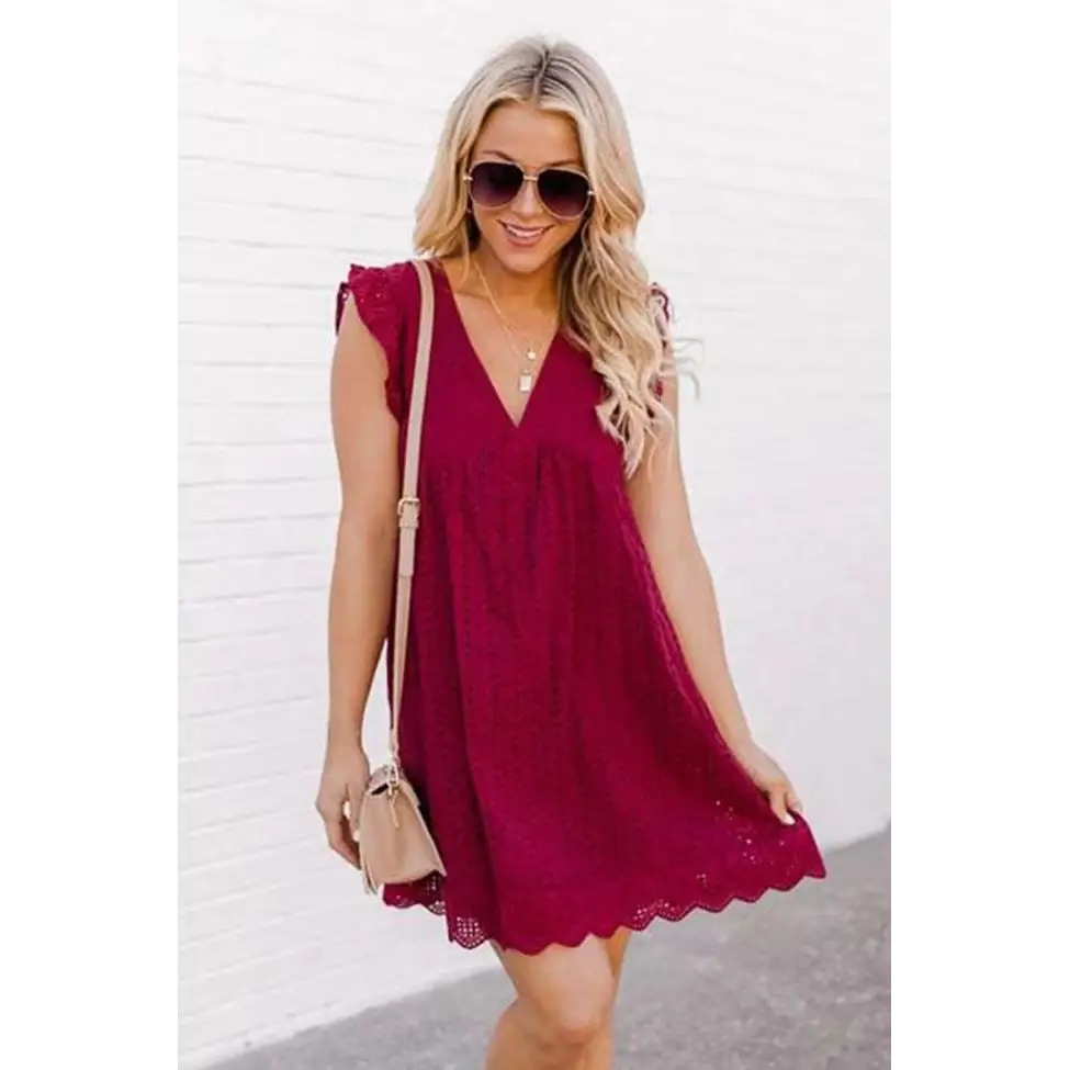 White Eyelet Pocket Summer Sleeveless V-Neck Dress