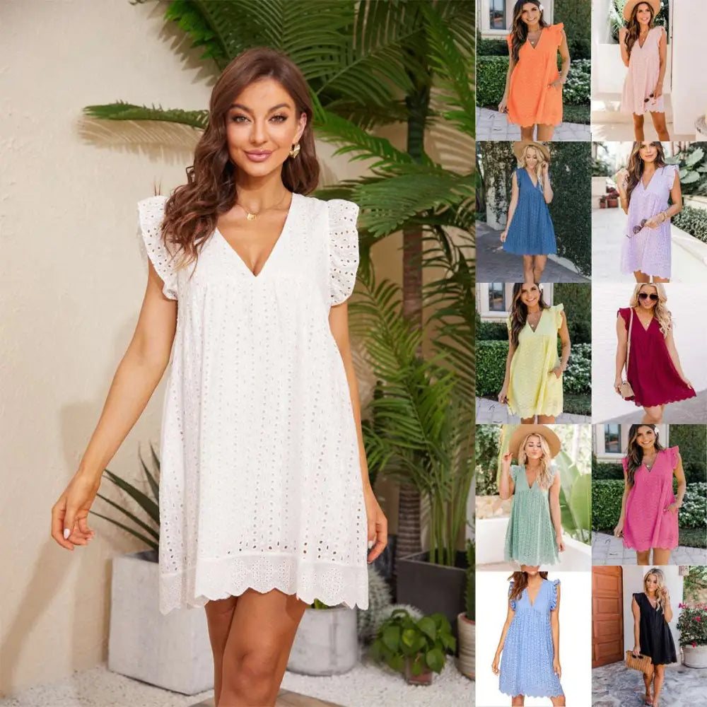 White Eyelet Pocket Summer Sleeveless V-Neck Dress