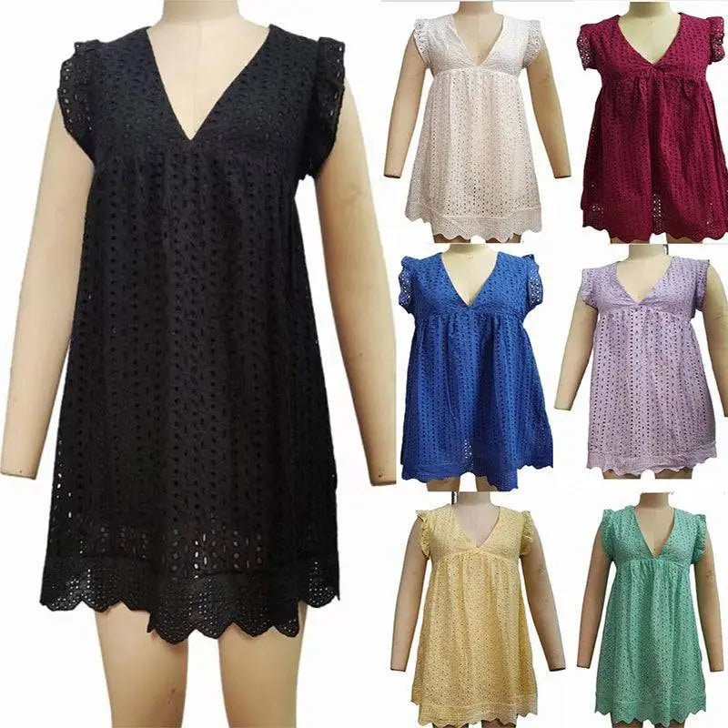 White Eyelet Pocket Summer Sleeveless V-Neck Dress