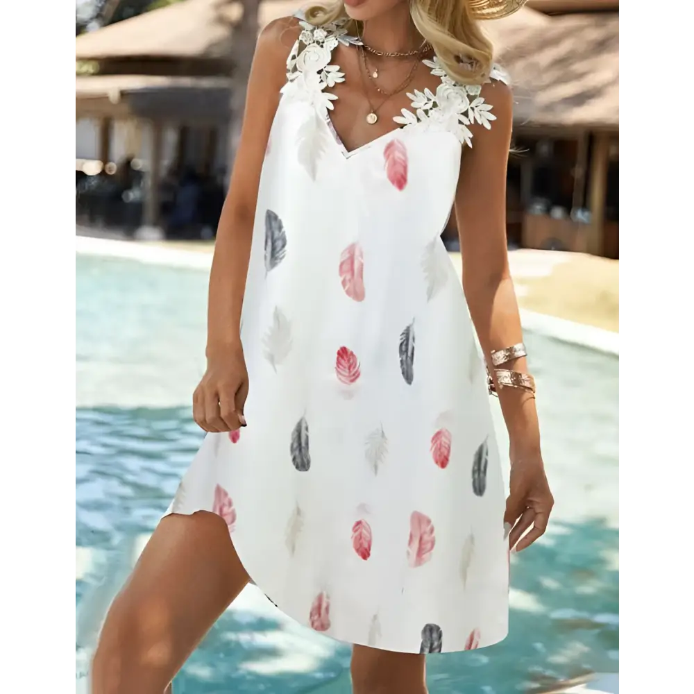 White Feather Printed Fashion Sleeveless Lace Dress