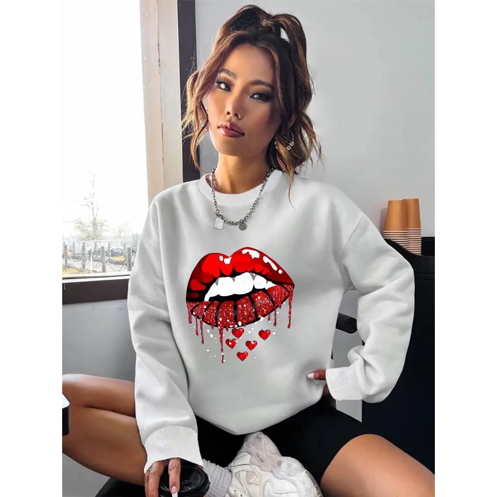 White Glitter Lips Pocketed Long Sleeve Sweatshirt