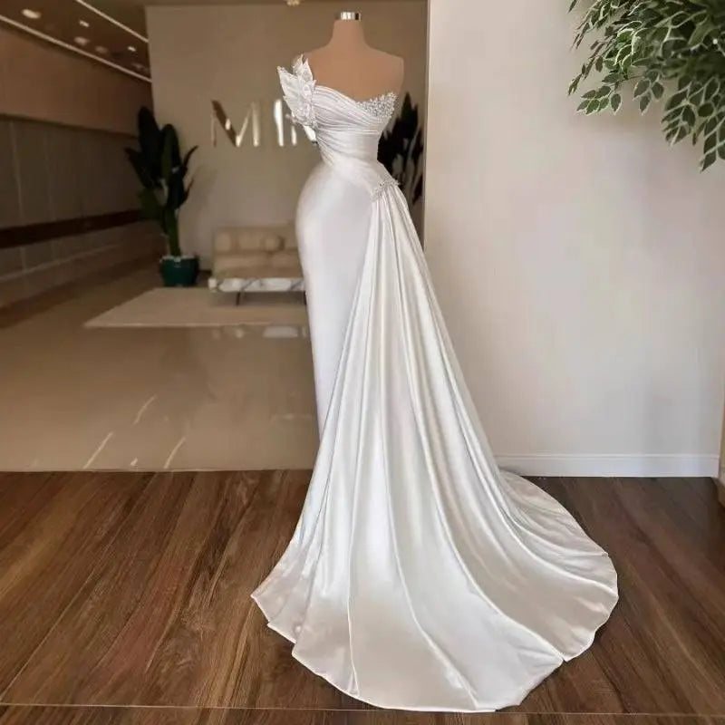 White Graceful Satin Off-the-Shoulder Wedding Dress