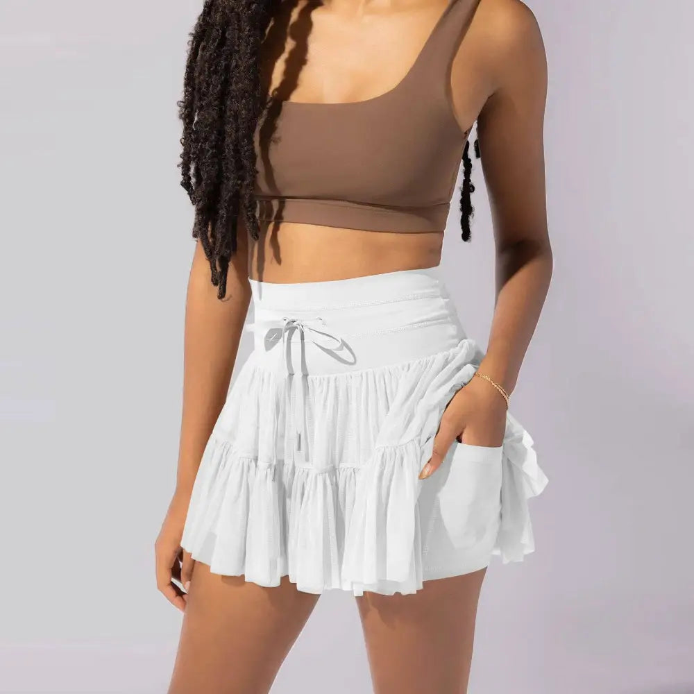 White High Waist Pleated Skirt with Safety Pants