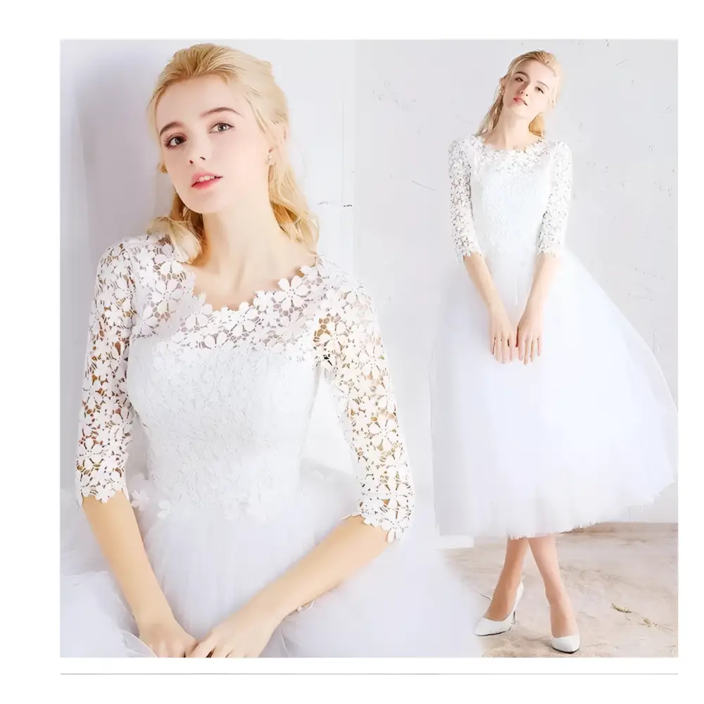 White Lace Floral Wedding Dress Party Ladies Small Sleeves
