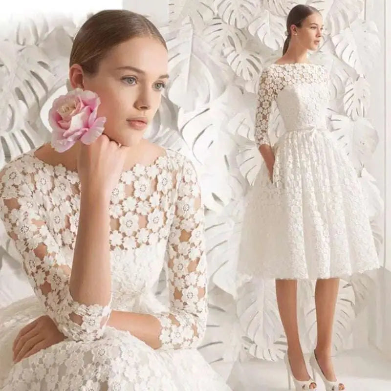 White Lace Floral Wedding Dress Party Ladies Small Sleeves