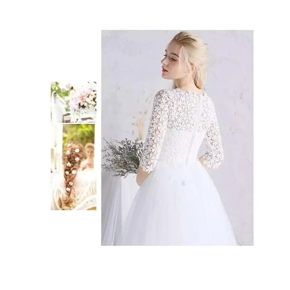 White Lace Floral Wedding Dress Party Ladies Small Sleeves