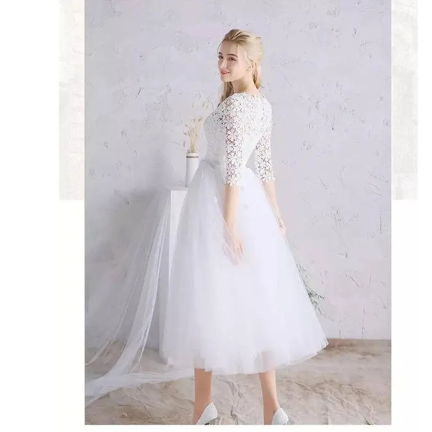 White Lace Floral Wedding Dress Party Ladies Small Sleeves