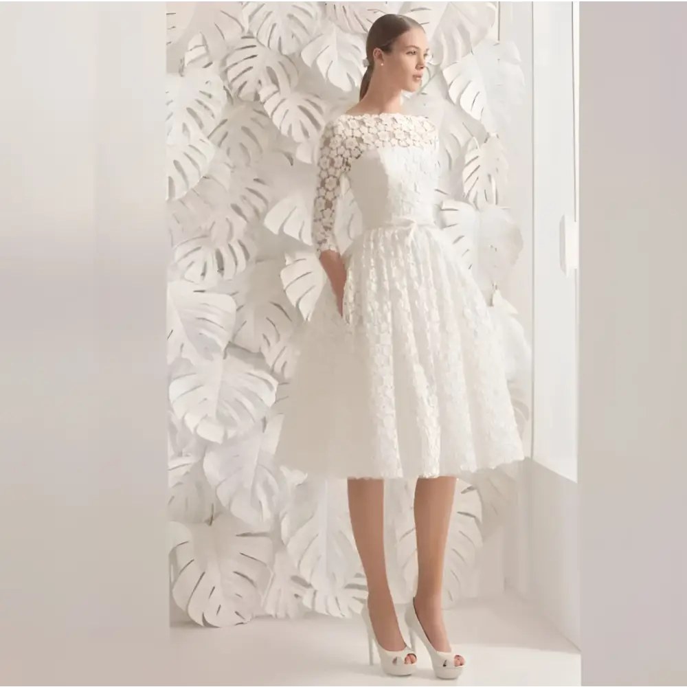 White Lace Floral Wedding Dress Party Ladies Small Sleeves
