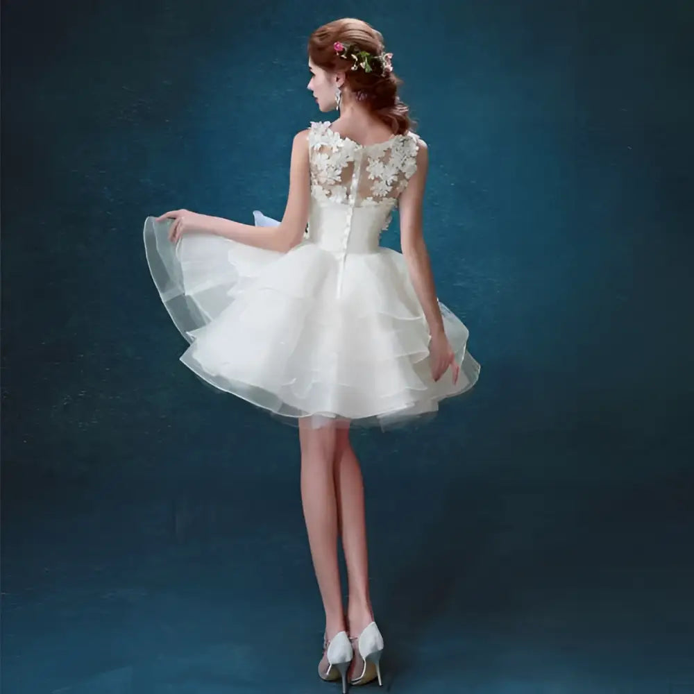White Lace Tiered Wedding Short Dress with Beading