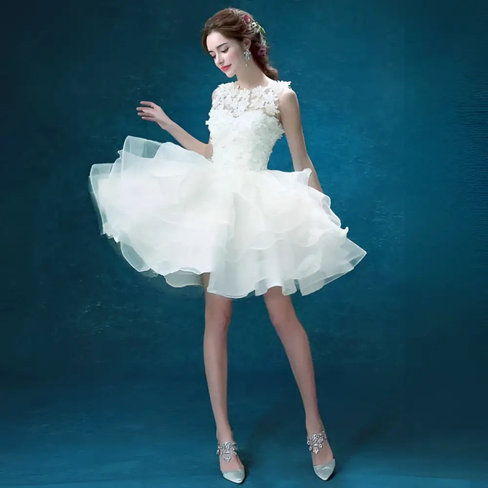 White Lace Tiered Wedding Short Dress with Beading