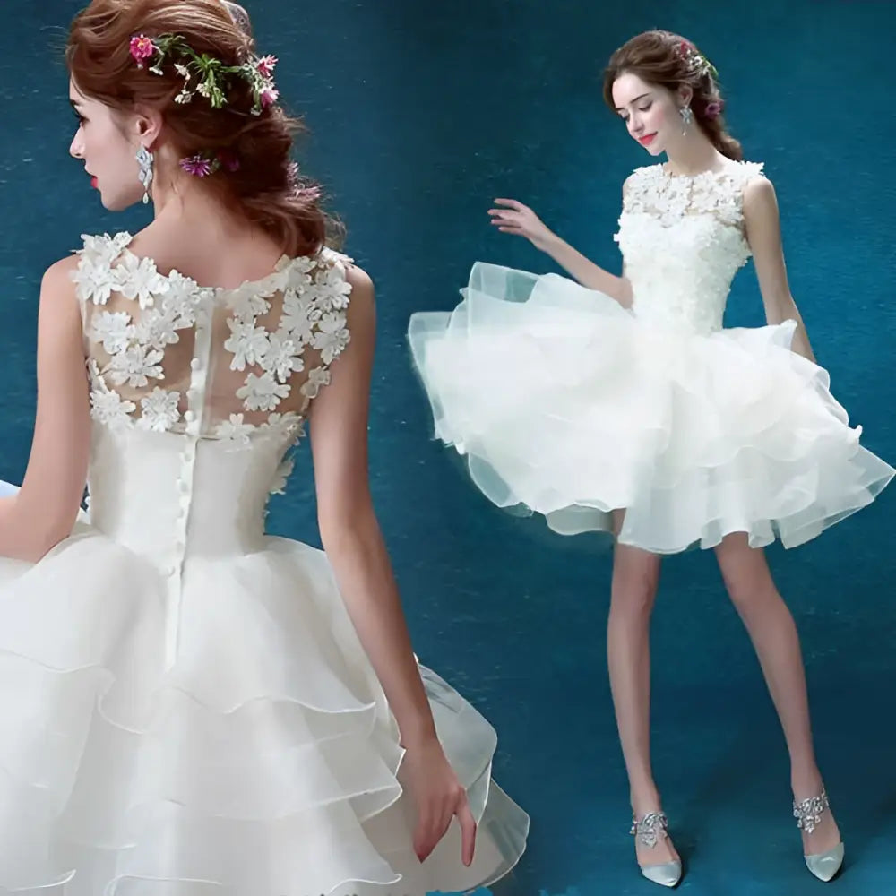 White Lace Tiered Wedding Short Dress with Beading